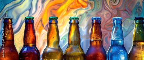Beer Bottles  Swirling Shapes  Vibrant Hues  International Beer Day Background