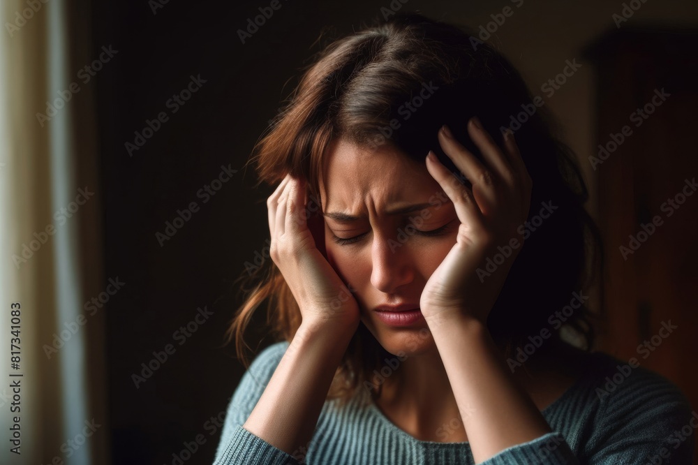 Close-up shot of a woman suffering from a headache and rubbing her temples at home Close-up shot of a woman suffering from a headache and rubbing her temples at home