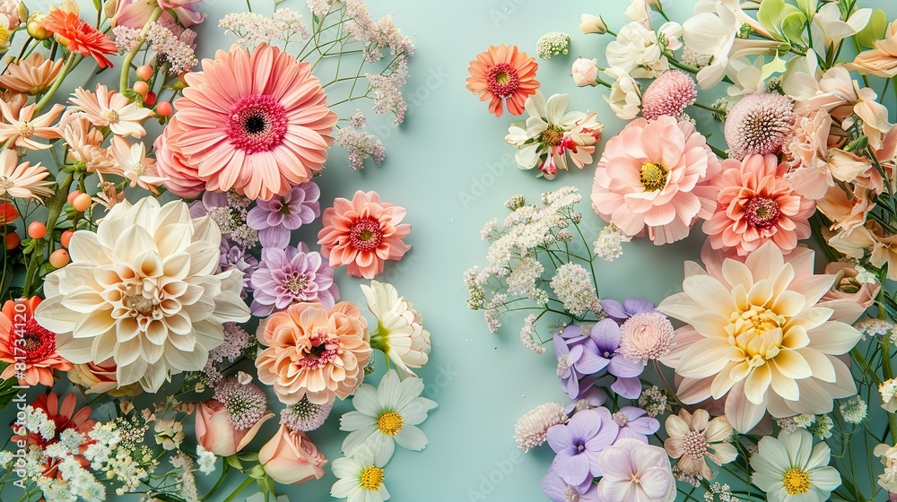 Flowers wall background featuring stunning red, orange, pink, purple, green, and white chrysanthemum flowers. This hand-made, beautiful flower wall serves as a wedding decoration Flowers wall background featuring stunning red, orange, pink, purple, green, and white chrysanthemum flowers. This hand-made, beautiful flower wall serves as a wedding decoration