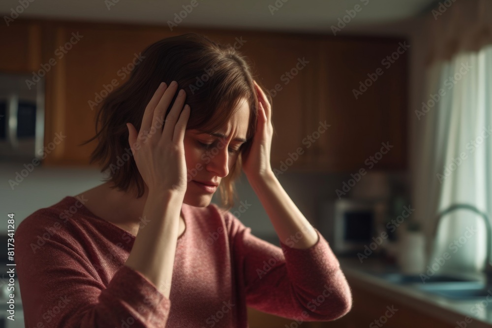 Close-up shot of a woman suffering from a headache and rubbing her temples at home Close-up shot of a woman suffering from a headache and rubbing her temples at home