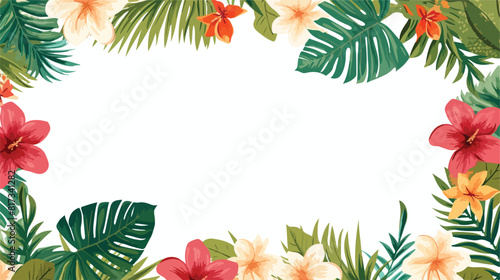 Tropical leaves flowers seamless pattern border fra