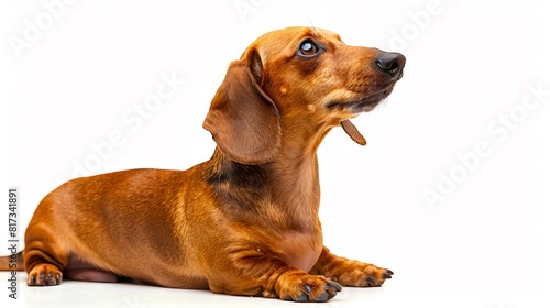 A brown dachshund dog is sitting on a white background.