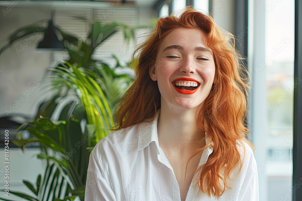 close-up portrait of a beautiful young woman with long flowing red hair ...