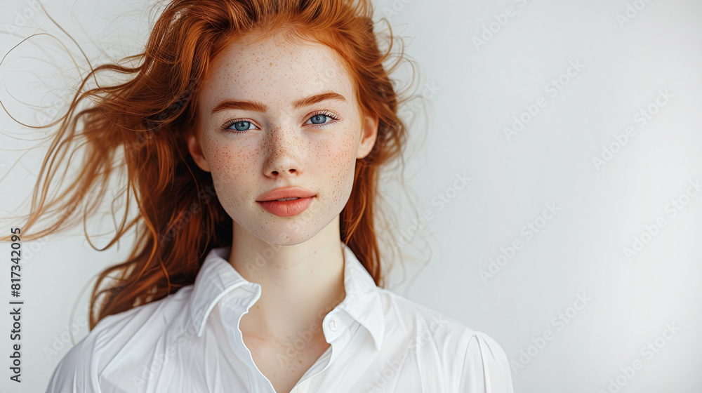close-up portrait of a beautiful young woman with long flowing red hair on a white background. charming young woman looking into the frame close-up portrait of a beautiful young woman with long flowing red hair on a white background. charming young woman looking into the frame