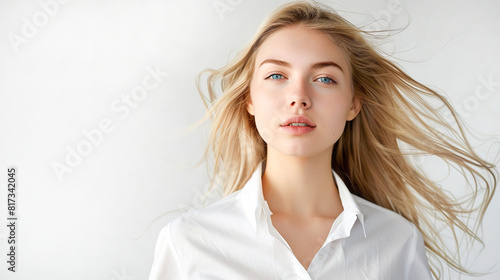 close-up portrait of a beautiful young woman with long flowing blonde hair on a white background. charming young woman looking into the frame