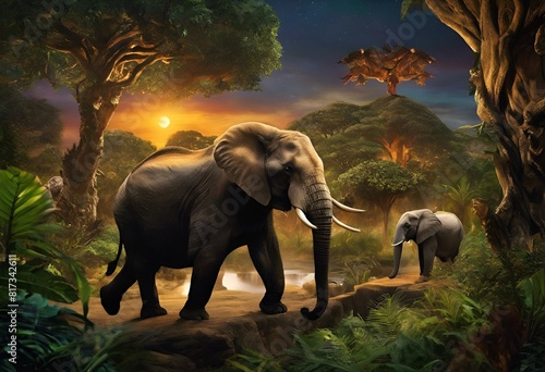 AI generated illustration of two elephants strolling on jungle path beside trees