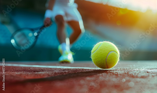 Tennis player plays tennis. A close-up of a tennis ball and a blurred player in the background. Playing tennis on a tennis court.