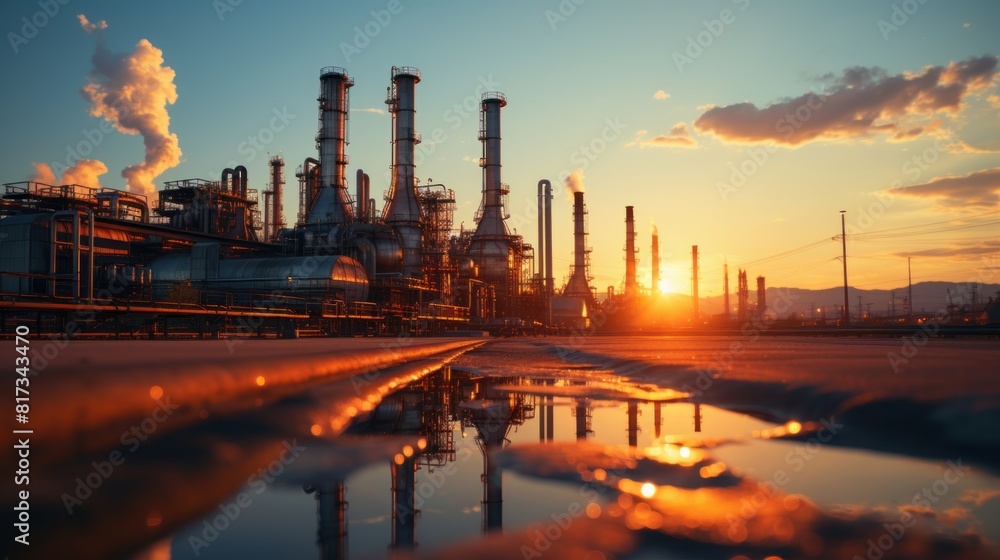 Close-Up View of an Industrial Oil Refinery Plant at Sunset