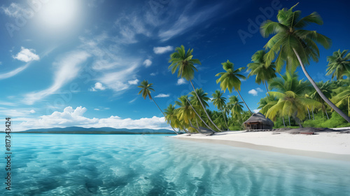 Banner with copy space of serene tropical beach  with crystal clear waters gently lapping against pristine white sands. Ideal for travel and tourism brochures  banners and headers