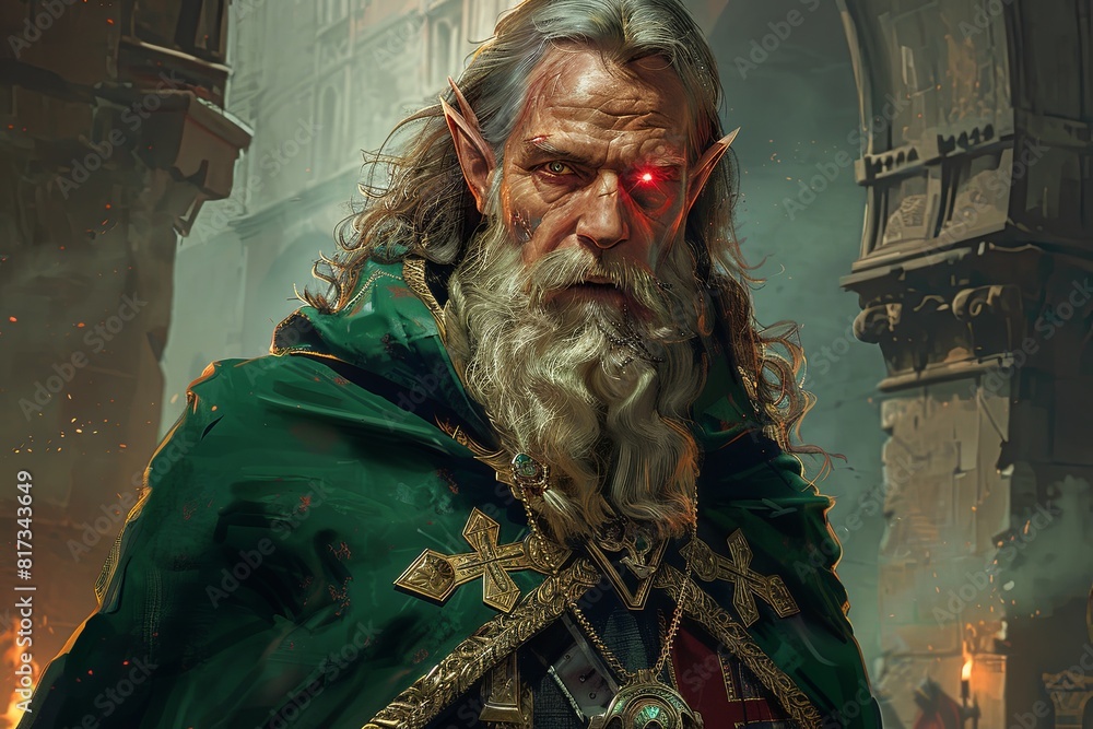 Majestic Middle-Aged Elf: Long-bearded, Green Cloak, Glowing Red Eye Majestic Middle-Aged Elf: Long-bearded, Green Cloak, Glowing Red Eye