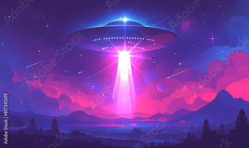 Unidentified flying object. Night landscape. World UFO day illustration. Neon illustration with unidentified object. photo