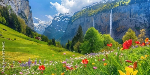 A green landscape in Switzerland surrounded with colourful flowers and waterfalls