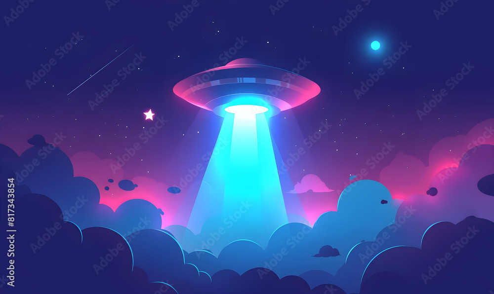 Unidentified flying object. Night landscape. World UFO day illustration. 