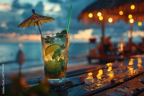 drinks with blur beach and sunset in background photo