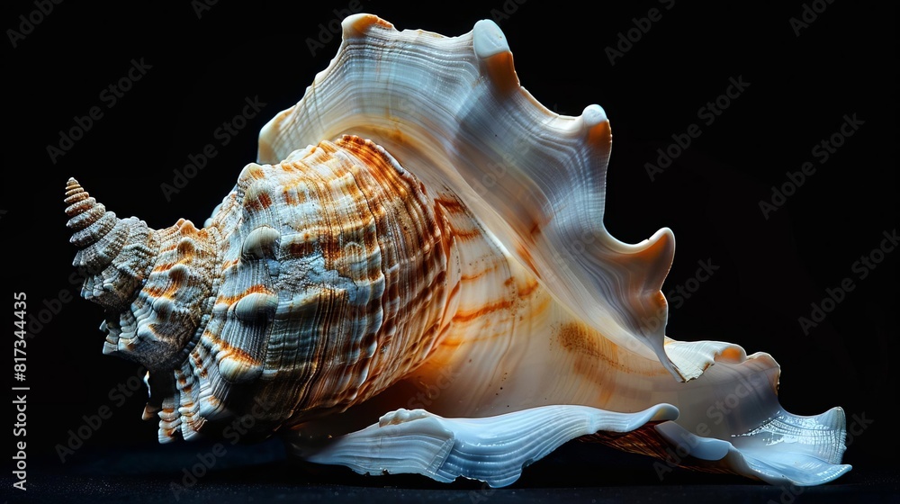 Editorial photography of an exquisite conch shell against a dark black background Editorial photography of an exquisite conch shell against a dark black background