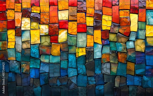 A colorful mosaic wall with many different colors.