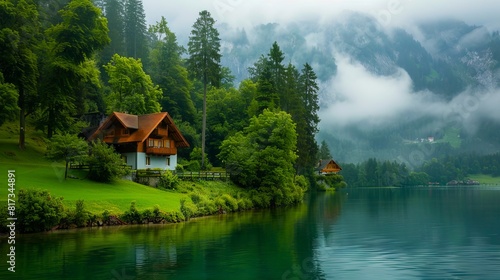 Fototapeta Naklejka Na Ścianę i Meble -  A house on the shore of a lake in the mountains.