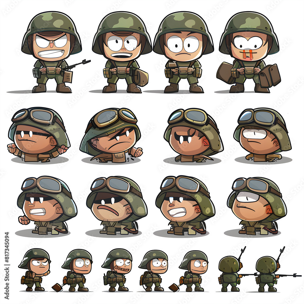 Fototapeta premium A series of cartoon soldiers with different expressions