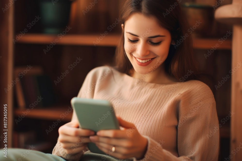 Close up Photo of a Beautiful Young Woman Using a Mobile Phone Sitting Casually in a Chair Close up Photo of a Beautiful Young Woman Using a Mobile Phone Sitting Casually in a Chair