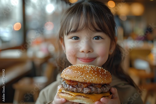 Little asian girl eating hamburger in coffee shop  shallow depth of field.