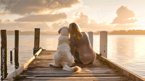 Serene sunset scene with woman and dog sitting on a dock. Peaceful companionship in nature's beauty. Calming waters reflecting light. AI photo