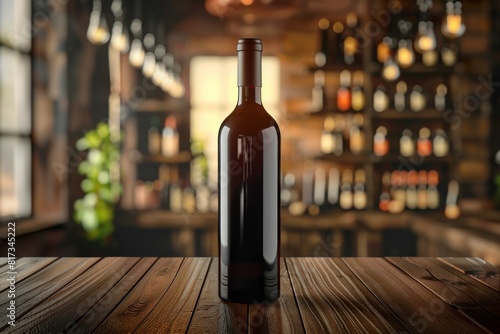 A bottle of wine is sitting on a wooden table in a dimly lit bar