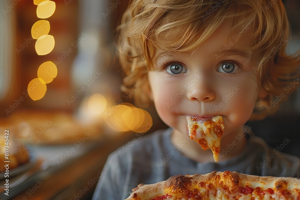 Cute little boy eating pizza in the cafe. Close-up. Cute little boy eating pizza in the cafe. Close-up.