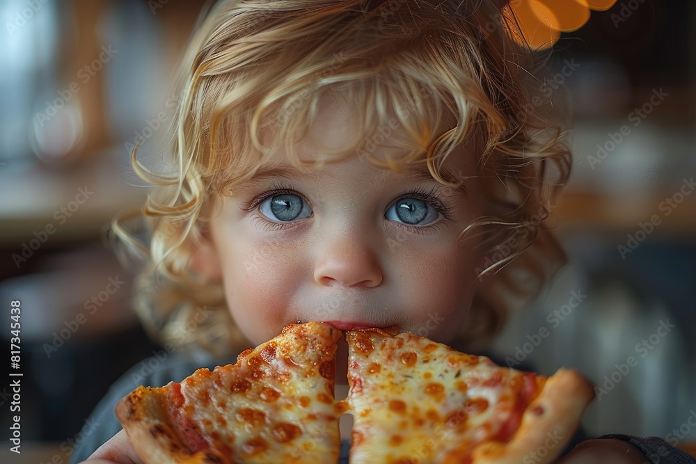 Cute little boy eating pizza in pizzeria, close-up
