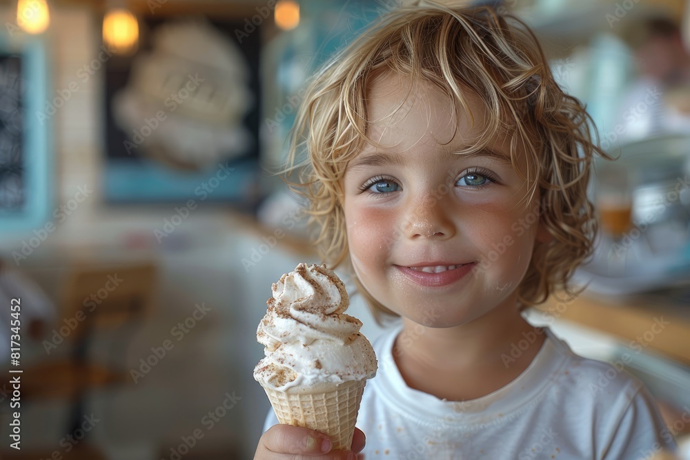 Portrait of blond little boy with ice cream in waffle cone. Portrait of blond little boy with ice cream in waffle cone.