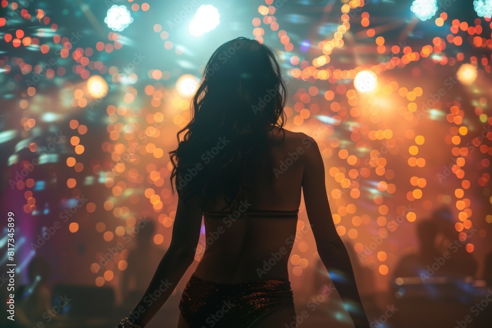 A woman is standing in front of a stage with lights and a crowd A woman is standing in front of a stage with lights and a crowd