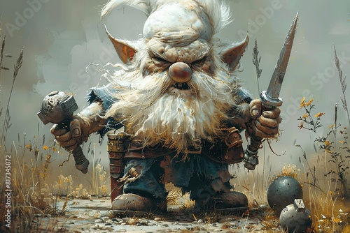 Bald Gnome with Big White Beard Holding Dagger and Bomb  Angry Field Scene in Hyper Realistic 4K Detail