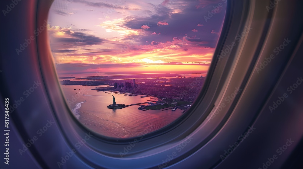 A breathtaking sunset view from an airplane window, showcasing a serene cityscape and vivid skies. Ideal for travel and adventure themes. AI A breathtaking sunset view from an airplane window, showcasing a serene cityscape and vivid skies. Ideal for travel and adventure themes. AI