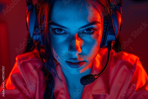 Futuristic Femme Fatale: Cyberpunk Assassin with Jumpsuit and Headset photo