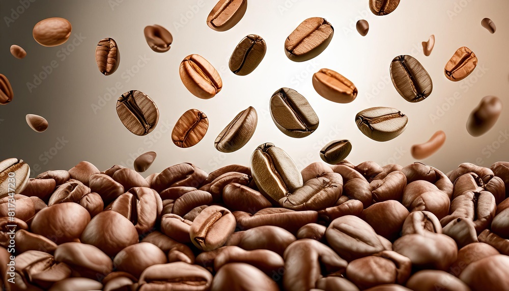Obraz premium Floating Coffee Beans Over Roasted Pile