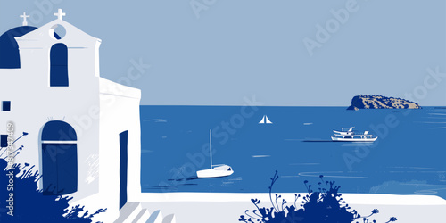 Vector illustration of the stunning Santorini coastline in Greece, showcasing iconic white buildings with blue domes, serene sea views, and boats, perfect for travel and tourism