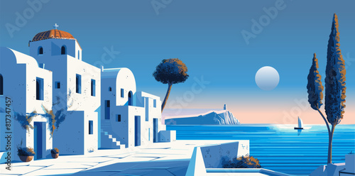 Vector illustration of a picturesque Santorini landscape in Greece, featuring iconic white buildings, a serene sea, and a sunset backdrop, ideal for travel and tourism