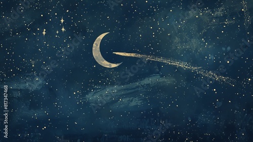 Night sky with stars and crescent moon for dreamy and magical designs photo