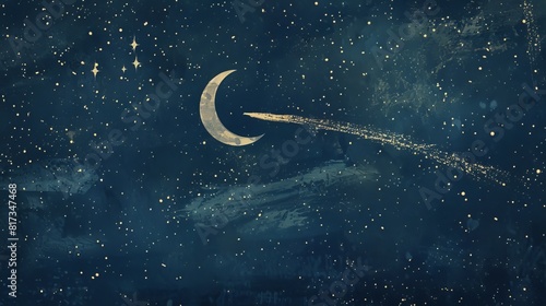 Night sky with stars and crescent moon for dreamy and magical designs