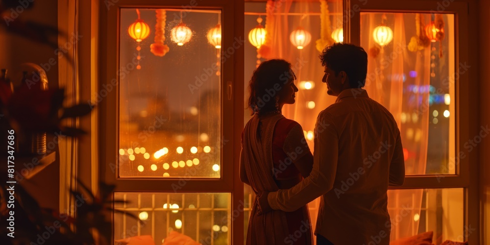 A romantic scene of a couple in silhouette looking out a window at hanging lanterns during nighttime A romantic scene of a couple in silhouette looking out a window at hanging lanterns during nighttime