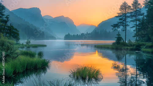 Whispers of Dawn on a Peaceful Lake with Winding River and Misty Mountains