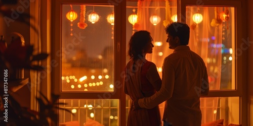 A romantic scene of a couple in silhouette looking out a window at hanging lanterns during nighttime