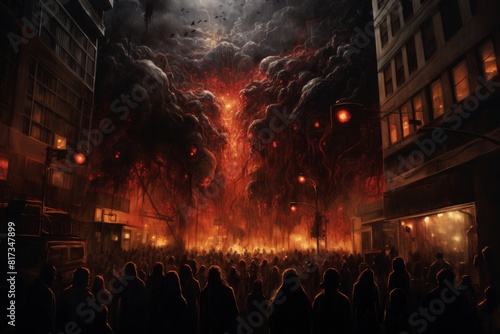 The crowd gathers in the street to watch the spectacle of a fire that engulfs a nearby building.