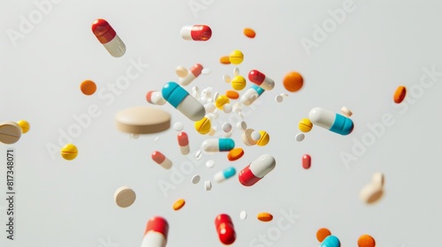 Orange and white pills floating on a grey background for healthcare and medical designs