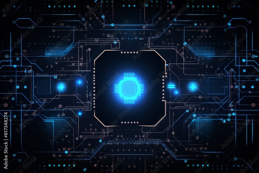 The image is of a computer chip with a glowing blue light in the center. The chip is surrounded by a complex network of circuitry. The image is set against a black background. The image is of a computer chip with a glowing blue light in the center. The chip is surrounded by a complex network of circuitry. The image is set against a black background.