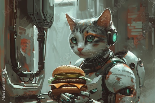 Elegant Cyberpunk Cat Robot: Cheeseburger Chronicles
