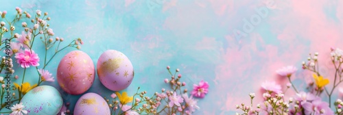 Colorful pastel Easter eggs beautifully arranged with delicate spring flowers on a textured background