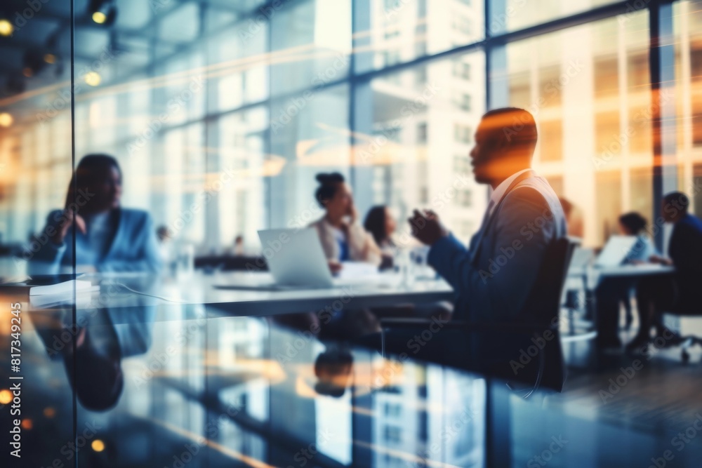 Blurred view of a business meeting in a glass conference room - teamwork - corporate environment - business collaboration Blurred view of a business meeting in a glass conference room - teamwork - corporate environment - business collaboration
