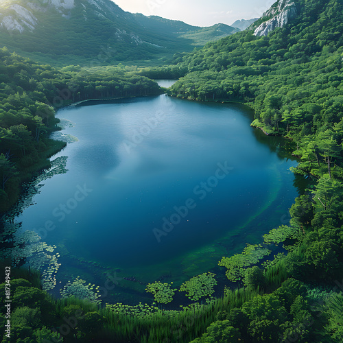Tranquil Lake Scene with Lush Greenery and Blue Skies Drone Photography photo