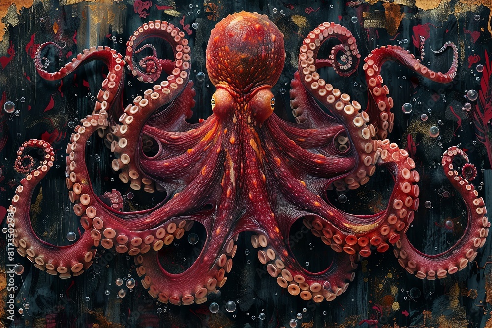 Giant Red Octopus: Intricate Digital Artwork with Magenta and Black Tentacles Giant Red Octopus: Intricate Digital Artwork with Magenta and Black Tentacles