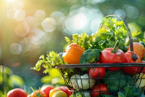 A basket of assorted fresh veggies on a wooden table